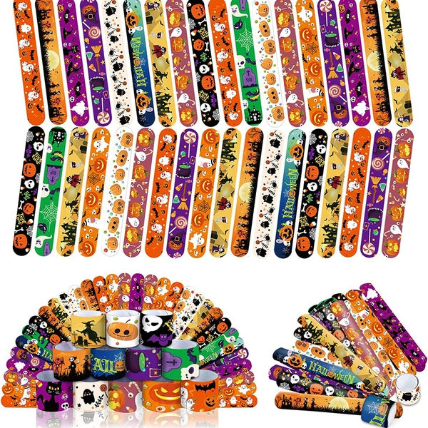 72 Halloween Slap Bracelets Craft Bulk with Spider, Pumpkins, Animal Print for Homeschooling Kids Trick or Treat Party Favors, Classroom Prizes, Exch