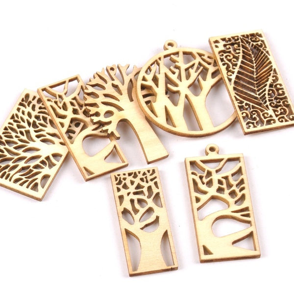 10 pcs Artisanat En Bois créativité évider arbre Motif Scrapbooking Artisanat décoration en bois pour la Décoration de La Maison