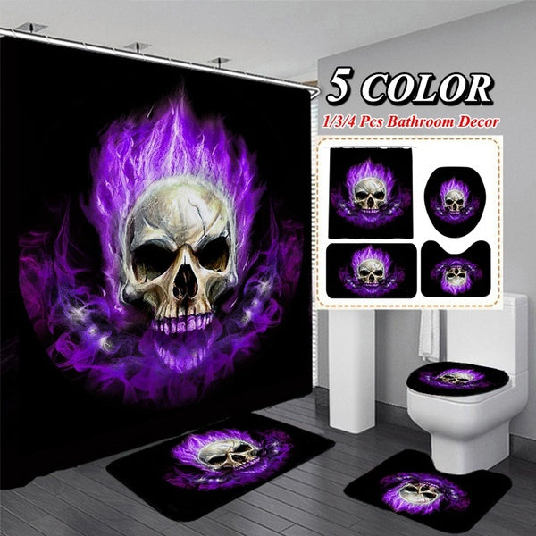 1-3-4 Pcs Bathroom Set 5 Colors Flame Skull Shower Curtain Set Waterproof Shower Curtain Non-slip Mats Bath Mat Toilet Seat Cover Floor Mat Bathroom
