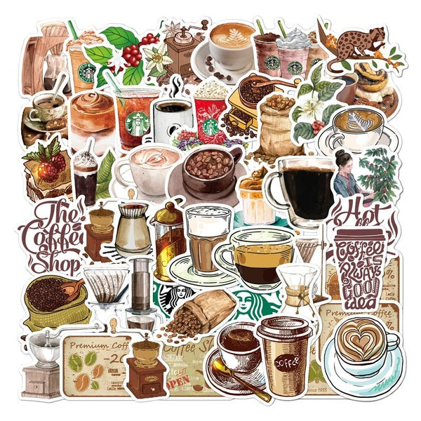 15-50PCS retro coffee stickers cartoon graffiti for cell phones computers refrigerators mugs coffee cups PVC waterproof stickers