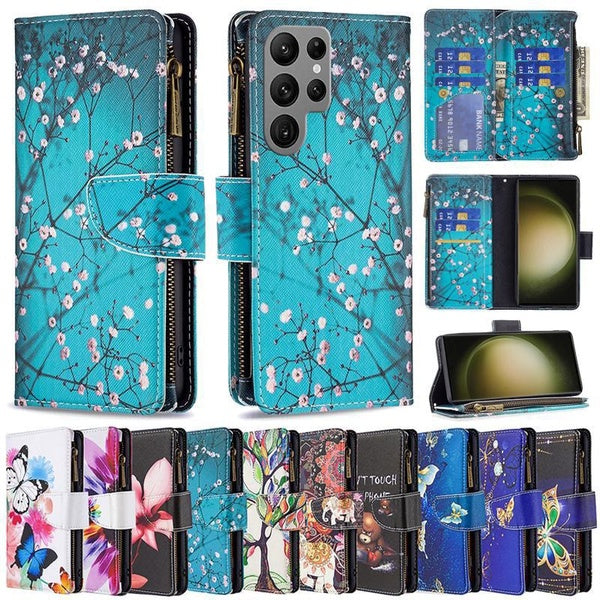 Étui portefeuille à rabat multi-cartes avec fermeture éclair et motif de dessin animé pour Samsung Galaxy S23 Ultra S23 Plus S22 Ultra S22 Plus S21 P