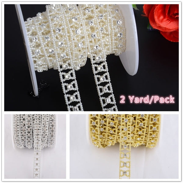 DIY 1 Yard-2 Yards 13mm Width Bow Shape Pearl Rhinestone Chain Trims Flat Back For Craft Home Holiday Decoration