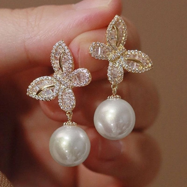 Boucles d'oreilles papillon en zircone cubique, exquises et élégantes, Imitation de perles, boucles d'oreilles pendantes pour femmes, boucles d'oreil