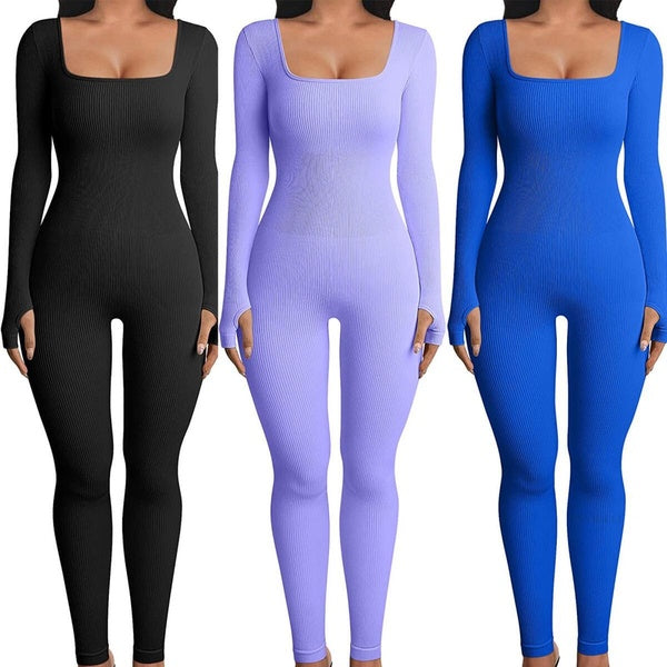 Women's Sports Jumpsuit Long Tight Yoga Jumpsuit LongsleevePlaysuits Ribbed Workout Bodysuit Stretch Jogging Romper Tracksuit