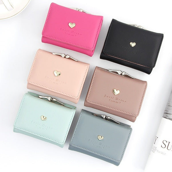 Ladies Wallet Short Cartoon Cute Coin Purse Girls Small Wallet Candy Color Leather Solid Color Retro Short Wallet Heart-shaped Buckle Clutch