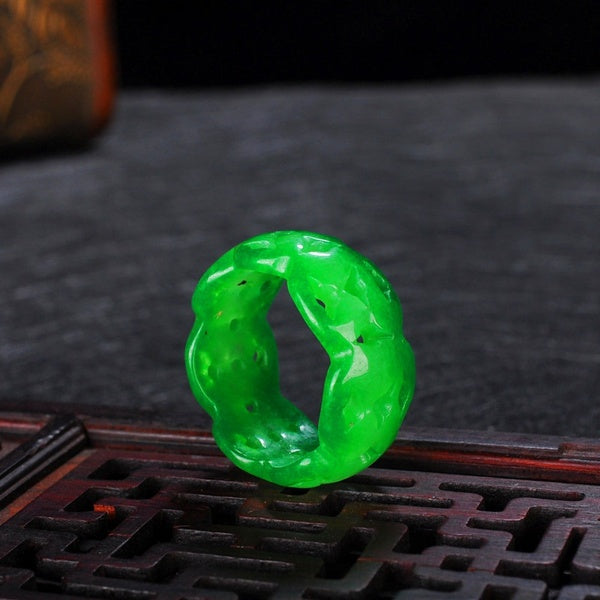 Gan Qing Emerald Hollow Carved Ring for Men and Women Dragon Emerald Transfer Banzhi Jade Ring
