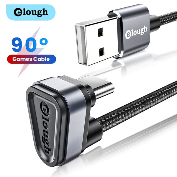 Elough 2.4A USB Type-C Cable Fast Charging 90 Degree Elbow Data Games Charge Cables USB-C Charger Cable Mobile Game Data Wire Cord