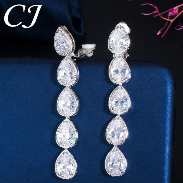 CANDICE longue goutte d'eau pendante bijoux pavé clair cubique zircone cristal femme Non percé mariage Clip sur boucles d'oreilles