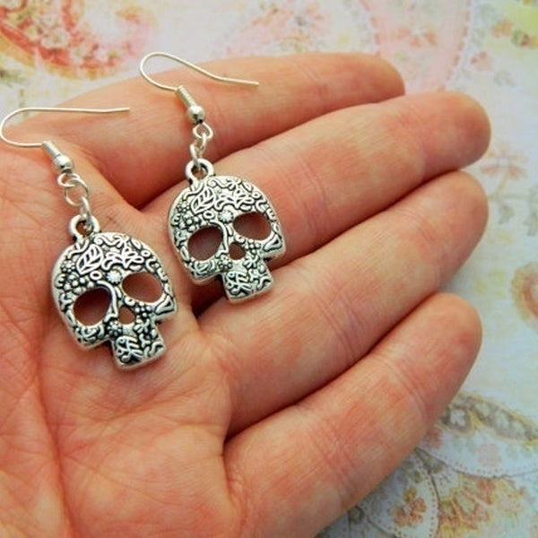 Sugar Skull Earrings, Skull Jewellery, Decorative Skull, Flower Skull, Day of The Dead, Skull Gift, Quirky Jewellery, Gift