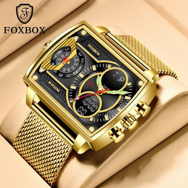 FOXBOX Men's Watches Top Brand Luxury Stainless Steel Military Quartz Watch Men's Sports Waterproof Digital Watch