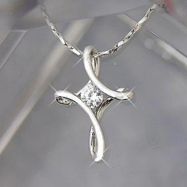Charming Silver Plated Tension Setting 1.5 Ct Zircon Solitaire Cross Pendant Infinity Necklace for Women Casual Party Necklace
