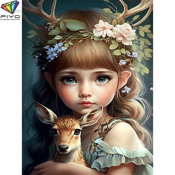 FIYO Girl and Deer DIY 5D Diamond Painting Full Drill with Number Kits Home and Kitchen Fashion Mosaic Diamond Painting Canvas Wall Decoration Gift C