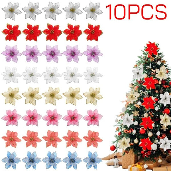 10PCS Christmas Glitter Poinsettia Flowers Artificial Christmas Flowers Christmas Tree Ornaments DIY Xmas Wreath Garland New Year Wedding Party Holid