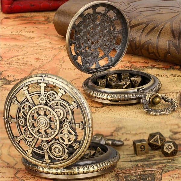 Vintage 7pcs-set Metal Gaming Polyhedral Dice Pendant Chain Punk Gear Design Pocket Watch Case Role Play Game Accessory