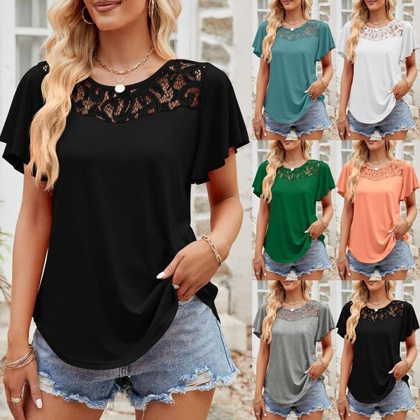 Women's Cute Round Neck Short Sleeve T-shirt Summer Lace Ruffled T Shirts Ladies Casual Loose Blouses Tops Female Clothes