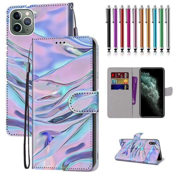 Motif de filigrane fluorescent en cuir PU Style portefeuille Flip Cover avec porte-carte Protection étui pour téléphone portable avec stylet pour iPh