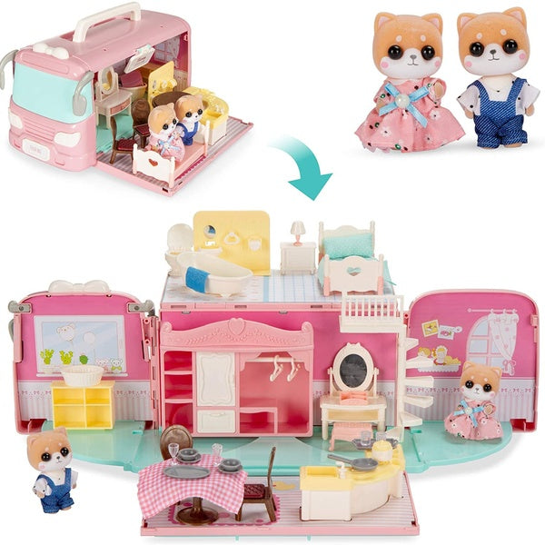 Dollhouse Playset Camper Van Pretend Play Portable Toy Gift Set with 54 Accessories and Tiny Critters for Kids