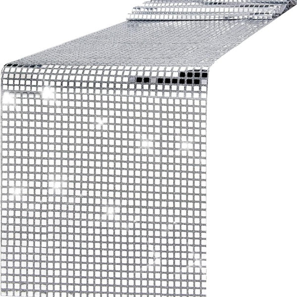 12 x 108 Inches Disco Party Table Runner Mirror Silver Foil Table Runner Glitter Metallic Table Cover for 70s 80s Disco Dance Party Wedding Bachelore
