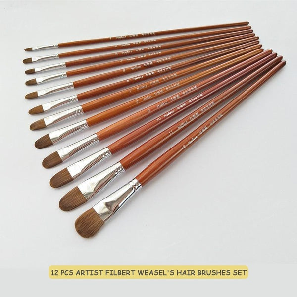 12 Pcs Artist Filbert Weasel's Hair Brushes Set Watercolor Brush Soft Paintbrush for Acrylic Gouache Oil Painting
