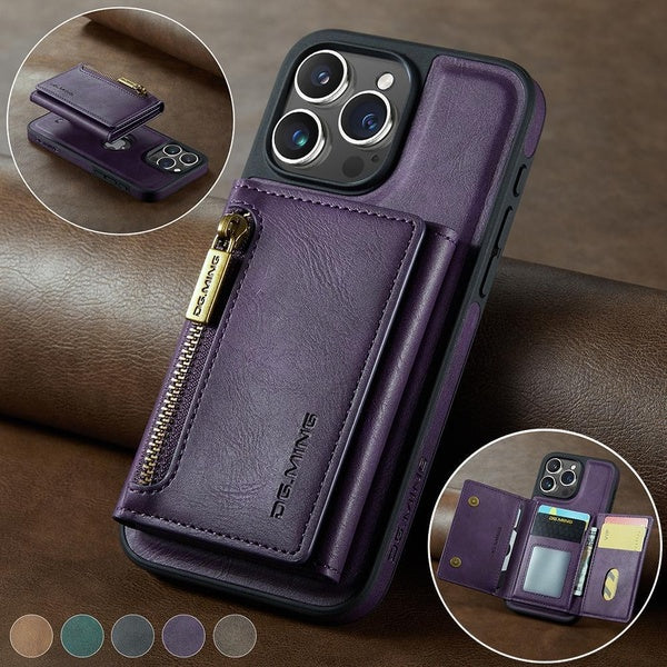 Étui en cuir à fermeture éclair magnétique 2 en 1 avec emplacements pour cartes portefeuille détachables pour iPhone 15 Pro Max 15 Plus 14 Pro Max 14
