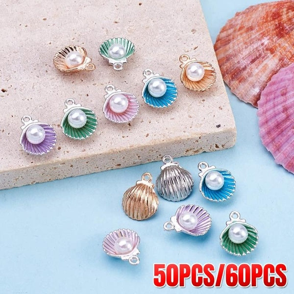 50PCS-60PCS Alloy Metal Shell Pendant Imitation Pearl Charms for DIY Craft Necklace Bracelet Earrings Jewelry Making