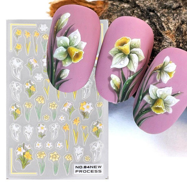 Spring Tulip Camellia Lace Nail Stickers Vivid Flowers Petals Butterfly Decoration Decals Charms Wedding Bride Foils Wraps LYNO