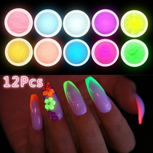 12 Boîtes de Poudre Fluorescente pour Nail Art Populaire 12 Couleurs Fluorescent Barbie Poudre Vernis à Ongles Poudre Fluorescente Nail Art Glitter P