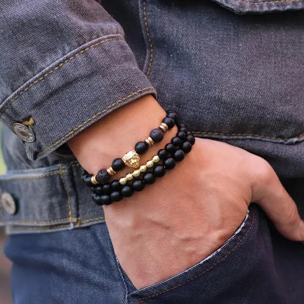 3Pcs-Set Animal Lion Bracelet For Men Black Onyx Stone Beaded Hematite Healing Braslet Pulseria Hombre Cycling Accessories Joias Matron Inn