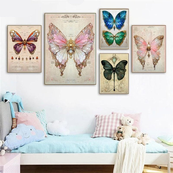 Watercolor Nature Gemstone Butterfly Wall Art Prints, Vintage Crystal Butterflies Canvas Art Posters, Room Aesthetics Wall Decor, Colorful Butterfly