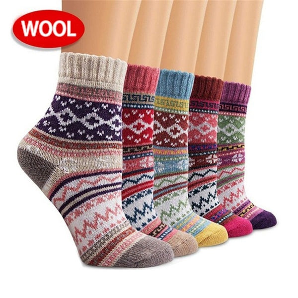 1-5 Pairs Women Wool Socks for Hiking Warm Thick Winter Thermal Boot Cozy Cabin Crew Ladies Fashion Casual National Style Socks
