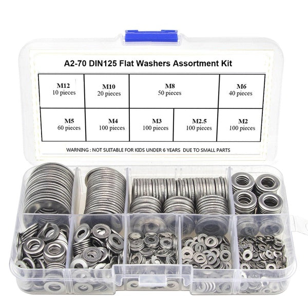 580Pcs Stainless Steel Flat Washers 9 Sizes Metric Washers Assortment Kit M2 M2.5 M3 M4 M5 M6 M8 M10 M12