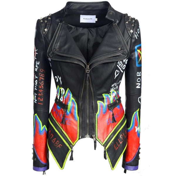 Mode féminine couleur dessin veste rivet Slim PU cuir artificiel graffiti punk moto peinture à la main manteau
