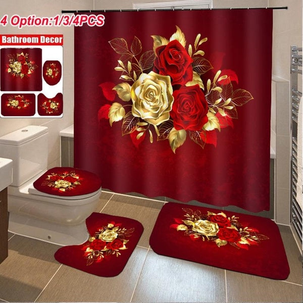Bathroom Decor Rug Set Bathroom Red Gold Rose Print Waterproof Shower Curtain+Non-slip Mats Bath Carpets+Toilet Seat Cover Floor Mat(4 Options:1-3-4P