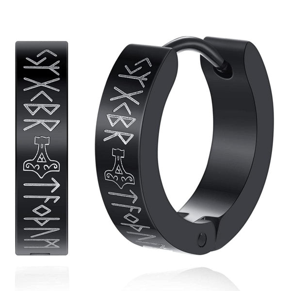 Nordic Viking Elder Futhark Runes Huggie Hoops Earrings Punk Rock Men Women Stainless Steel Norse Viking Rune Hoop Earring Silver - Black