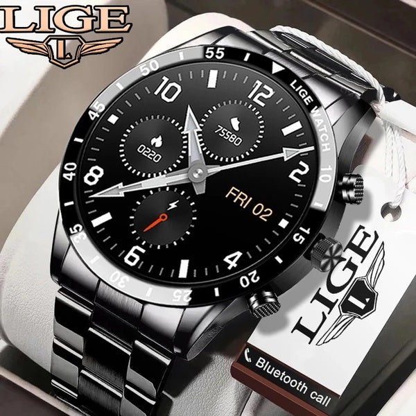 LIGE plus récent appel bluetooth montre intelligente hommes pleine touche Sport Fitness montres étanche fréquence cardiaque bande en acier montre int