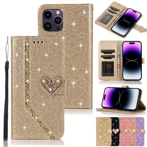 Bling Glitter Love Diamonds Flip Leather Wallet Phone Case for iphone 14 13 12 11 Pro XS XR Xsmax 8 7 6s 6 Plus-For Samsung Galaxy S23 Ultra S9 S10 S