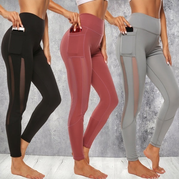 Mode Femmes Leggings Net Gaze Splice Yoga Fitness Pantalon Côté Poche Conception Pantalon De Course Taille Haute Couleur Unie Pantalon Maigre