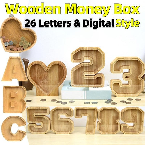 Boîte d'épargne numérique en bois 26 lettres, tirelire, boîte de rangement de pièces de monnaie avec autocollants de conception, boîte de rangement d