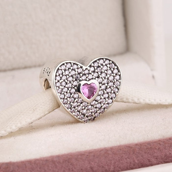 Coeur en argent sterling 925 avec perle de charme rose Cz pour bracelets et colliers européens