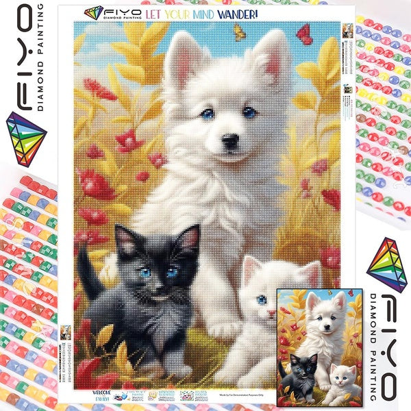 FIYO DIY 5D Dog and Cat Diamond Painting Full Drill with Number Kits Home and Kitchen Fashion Mosaic Diamond Painting Canvas Wall Decoration Gift Cra