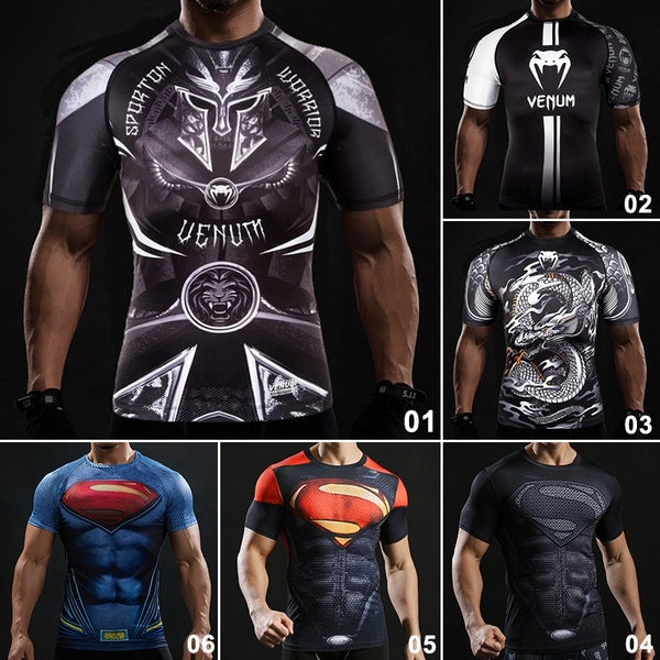 Chemise de compression pour hommes Collants d'entraînement de combat T-shirts imprimés en 3D Fitness à séchage rapide Running Gym Sportswear