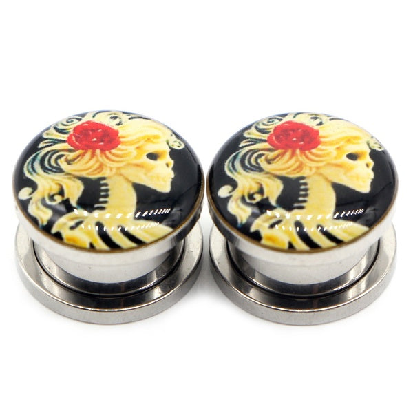 2 pièces en acier inoxydable crâne squelette fleur bouchons d'oreille Tunnels vis ajustement chair Piercing civières oreille extenseur bijoux de corp