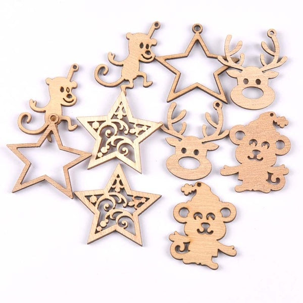 10 pièces renne de noël-étoile-singe bois inachevé bricolage artisanat ornements en bois décoration de la maison à la main Scrapbooking Art MT1853