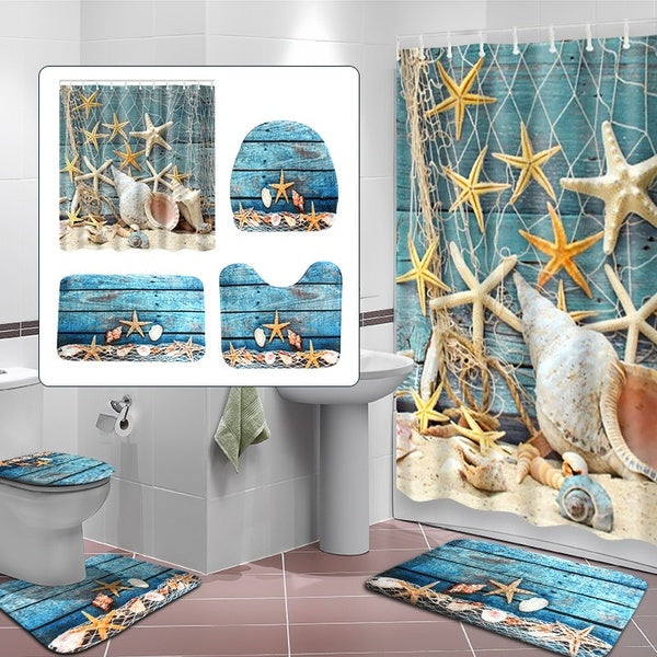 Household Supplies Summer Beach Blue Conch Starfish Print Bathroom Decoration Mildew-proof Waterproof Shower Curtain Non Slip Bathroom Pedestal Rug T