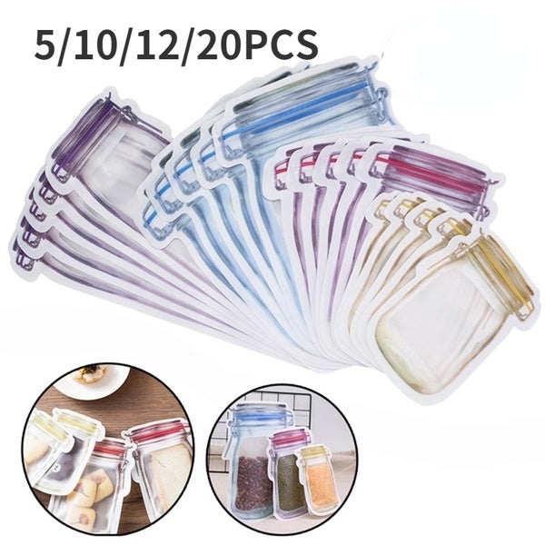 Reusable Mason Jar Bottles Bags Nuts Candy Cookies Bag Seal Fresh Food Storage Bag Snacks Zipper Sealed Kitchen Organizer (5pcs-10pcs-12pcs-20pcs)