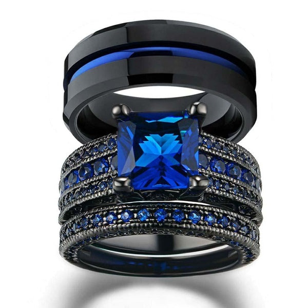 Charme Couple Anneaux Romantique Bleu Strass Femmes Anneaux Ensemble À La Mode Hommes En Acier Inoxydable Bague Bagues De Fiançailles Bijoux De Mode