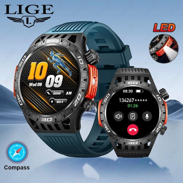 2024 boussole lampe de poche hommes montres intelligentes Bluetooth appel étanche Sports de plein air Smartwatch moniteur de fréquence cardiaque Brac