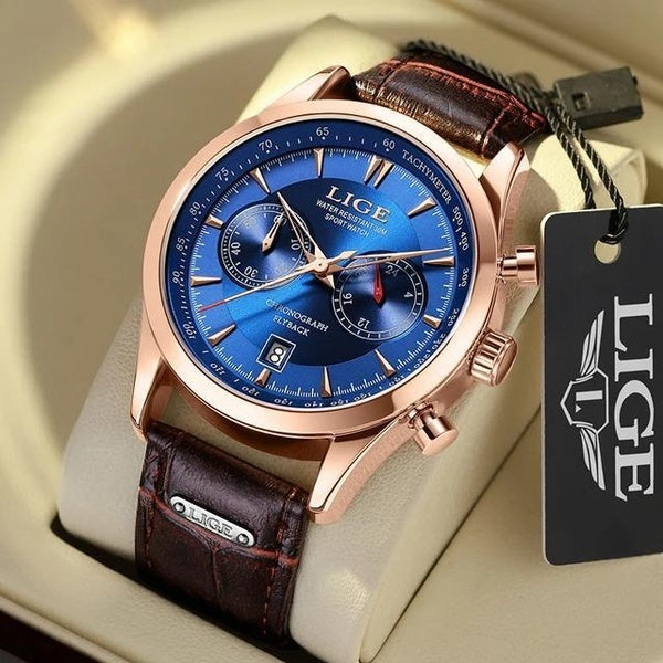 LIGE - montre de luxe pour hommes, bracelet en cuir, à Quartz, Sport militaire, étanche, horloge, 2024