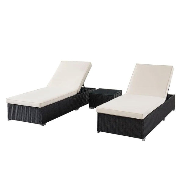 Edyo Living 3-Piece Black Rattan Wicker Chaise Lounge Chair Set w-Table, Beige