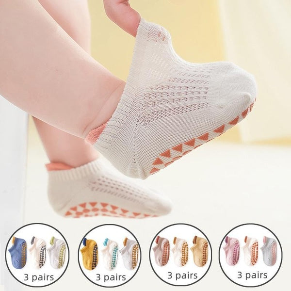 3 Pairs Toddler Anti Slip Socks, Breathable Comfortable Baby Socks with Grips Ankle Socks for Infants Boys Girls